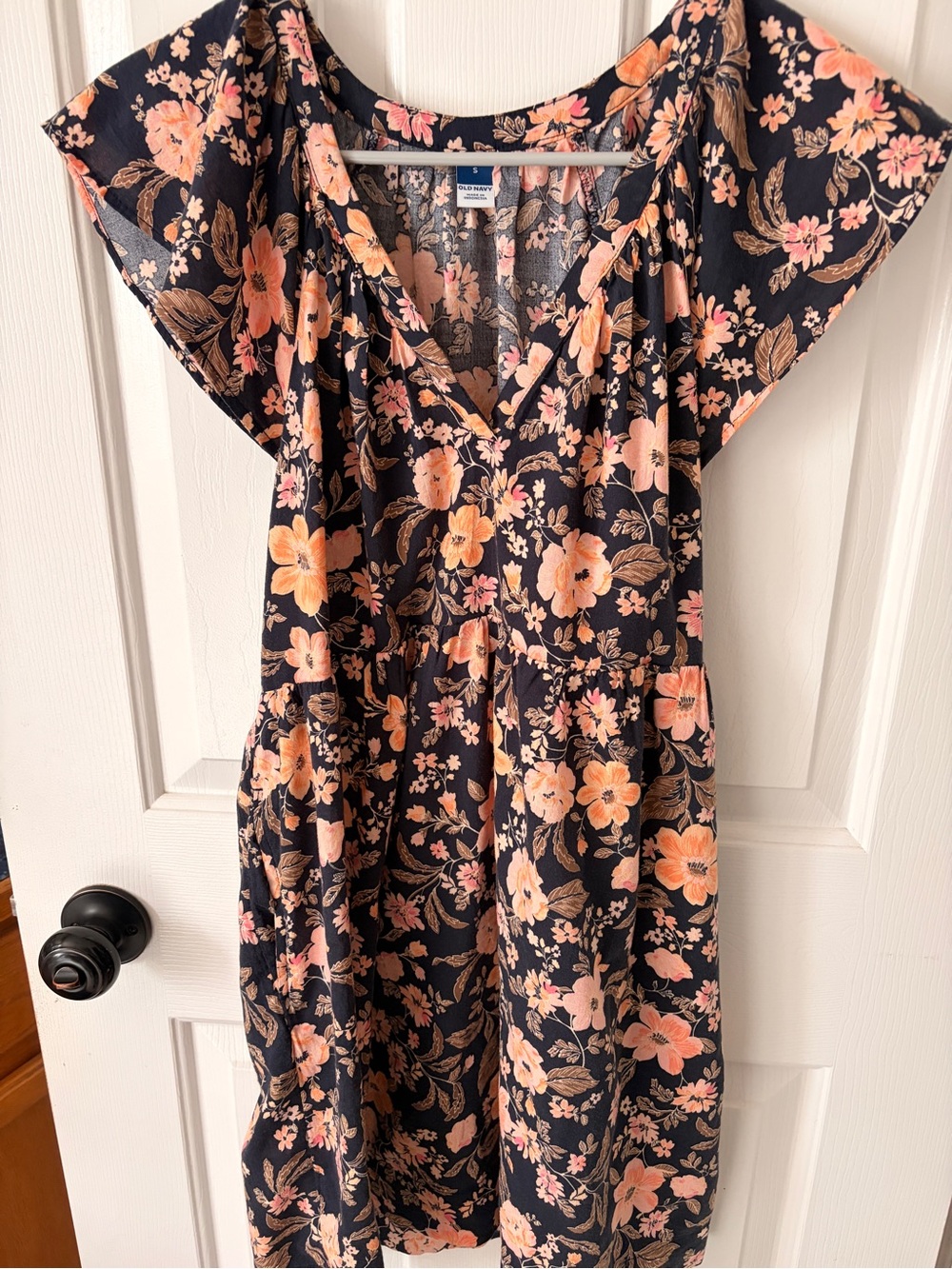 Old Navy navy dress with Peach & Light Pink Floral Print Flutter sleeves